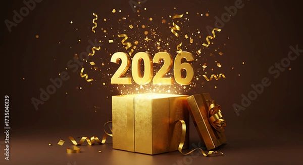 Fototapeta New Year Unveiled: The year 2026 bursts forth from a radiant gift box, symbolizing the dawn of a new era, with golden confetti, whispering promises of opportunity and joy.