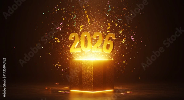 Fototapeta 2026's Gift: A stunning visual of a magical present box opening up to reveal the year 2026, symbolizing new opportunities and the bright future to come.