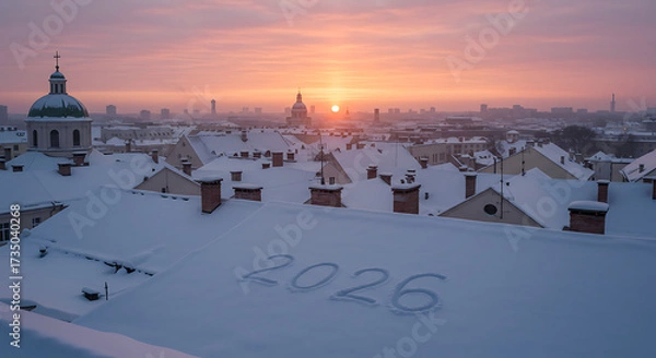 Fototapeta A Snowy Rooftop in 2026: A serene rooftop covered in a blanket of fresh snow, with 2026 inscribed, frames the cityscape during a breathtaking sunset.