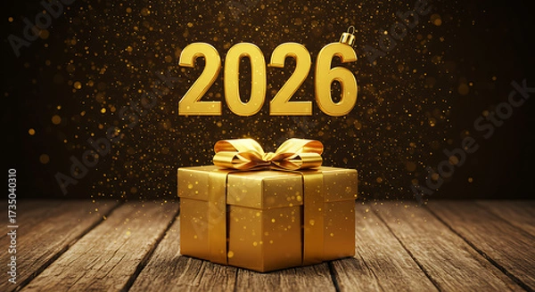 Fototapeta New Year's Gift: A golden gift box sits centered atop a weathered wooden table, adorned with a perfectly tied golden bow, while the number 2026 floats in the background.