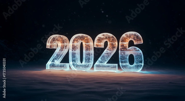 Fototapeta A Glimpse into the Future: Illuminated futuristic numbers of 2026 shine brightly against a dark background, hinting at technological advancements and progress. 