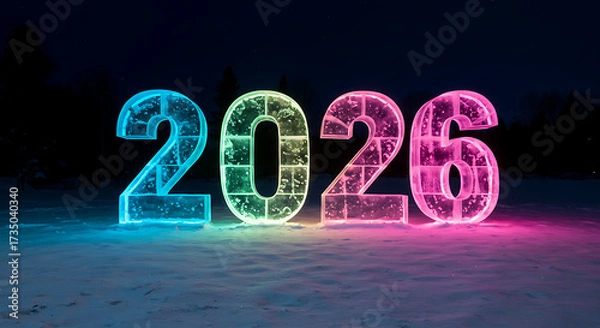 Fototapeta Neon 2026 Illumination: The year 2026 shimmers with neon hues, set against a backdrop of snowy landscape. An ideal image for new year festivities and forward-thinking visions. 