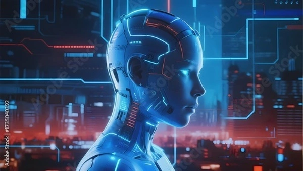 Fototapeta A futuristic humanoid robot with glowing blue circuitry, set against a neon-lit cyber cityscape at night.
