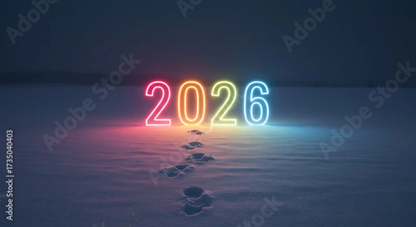 Fototapeta Illuminating the Future: The year 2026 shines brightly, its vibrant neon glow illuminating the path forward, footprints leading towards the promise of a new year, innovation and exploration