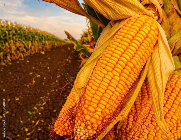Fototapeta Close-up of golden corn cobs on stalks in a field