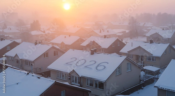 Fototapeta Sunrise in Winter: A scenic landscape of a residential area blanketed in a layer of fresh snow with a distant sun peeking through the dense fog with 2026 written on a snowy roof.