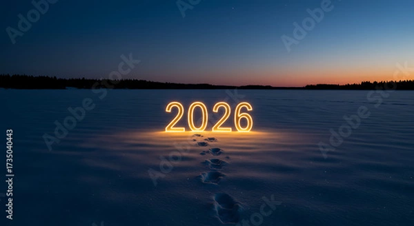 Fototapeta The Dawn of 2026: Illuminated numerals of 2026 gleam softly against the dusk, imprinted in the snowy expanse. A serene winter landscape unfolds with hope and fresh beginnings. 