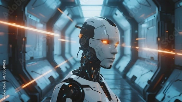 Fototapeta A humanoid robot with glowing orange eyes stands in a futuristic corridor illuminated by neon lights.