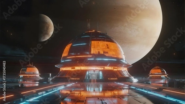 Fototapeta Futuristic space station with domed structures illuminated against a backdrop of planets in deep space