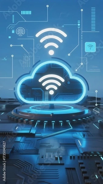 Fototapeta Digital cloud computing with wireless connectivity and circuitry in a futuristic tech environment