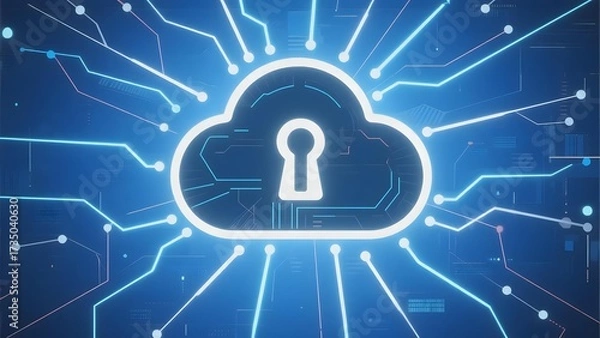 Fototapeta Digital cloud with lock symbol surrounded by circuit-like connections, representing cybersecurity and data protection in technology.