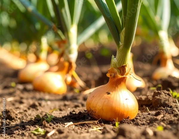 Fototapeta Close-up of growing onions in a field