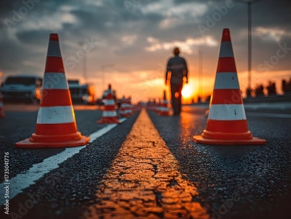 Obraz Traffic cones mark a roadway as a worker walks into the setting sun along the centerline at twilight time.
