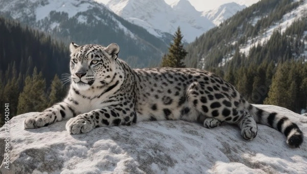 Obraz Snow leopard resting on a snowy mountain rock, majestic backdrop of alpine peaks and forests