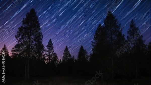 Obraz Star trails over a dark forest