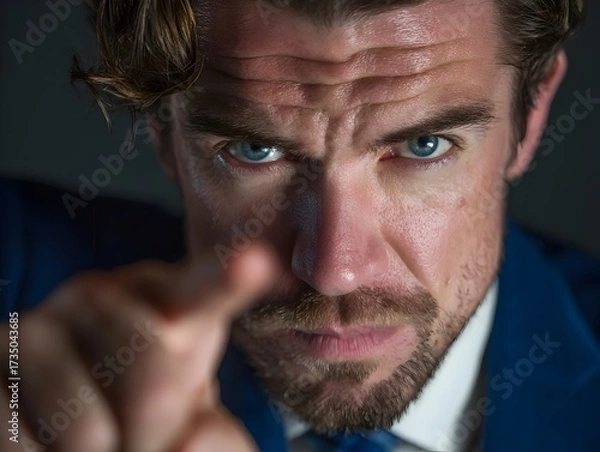 Obraz Intense blue eyed businessman in a suit points directly forward with a stern angry and confrontational expression.