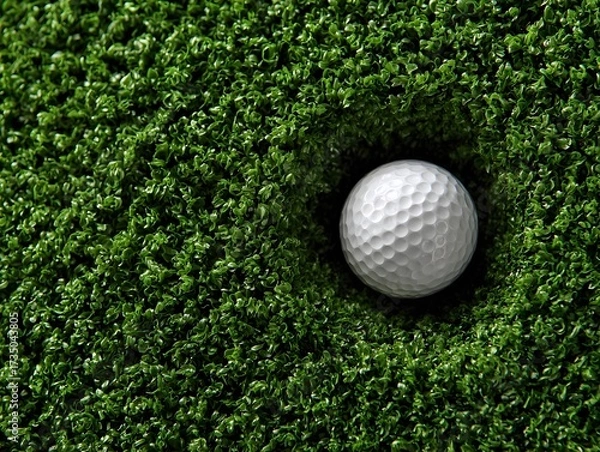Obraz A white dimpled golf ball rests on the edge of the cup surrounded by green artificial turf putting green.