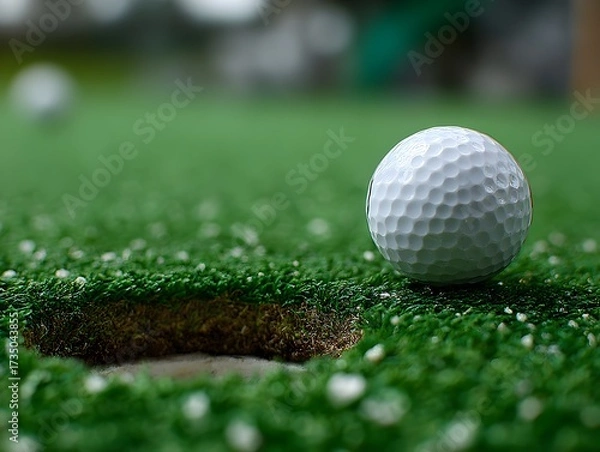 Obraz A white golf ball sits precariously near the edge of the hole on a putting green, ready for the next shot.