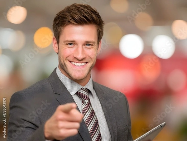 Obraz Smiling businessman points directly forward while holding tablet at a convention center for success now.