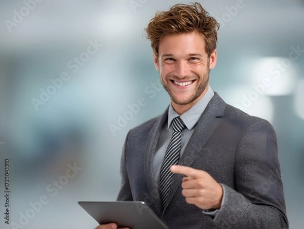 Obraz Smiling businessman pointing and using tablet in bright modern office environment looking toward the viewer.