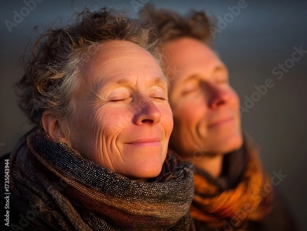 Obraz Two mature women wea scarves bask in the warm glow of the setting sun with closed eyes contentedly smiling.