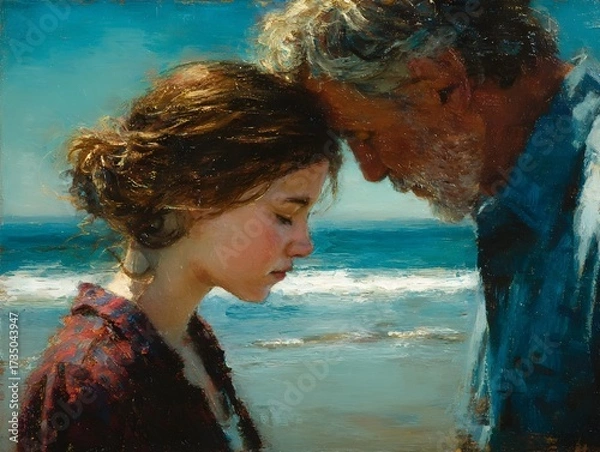 Obraz A touching painting depicts a loving father and daughter sha a tender moment on the beautiful beach shore.