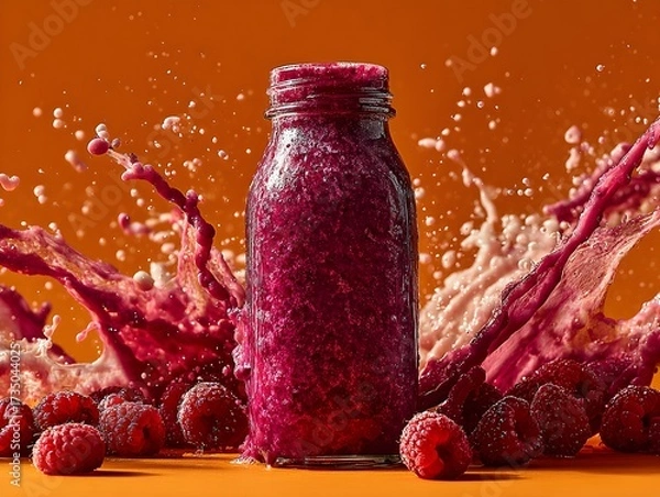 Obraz A vibrant purple smoothie in a glass bottle surrounded by raspberries creates a dynamic splash effect.