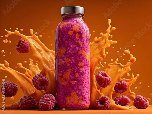 Obraz Fresh raspberry smoothie spills around the bottle showing vibrant colors on bright orange background decoratively.