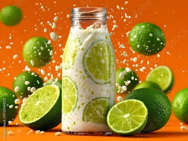 Obraz A refreshing lime smoothie in a glass bottle surrounded by limes with a vibrant orange studio backdrop.