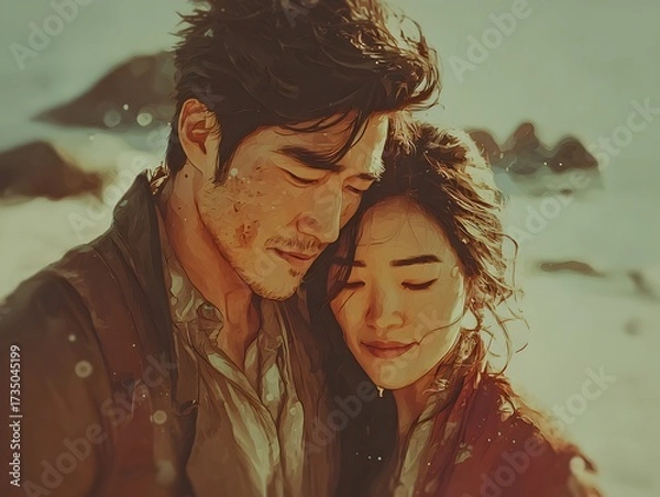 Obraz A loving Asian couple embraces tenderly at the beach, enjoying the beautiful sunlit coastal scenery together.