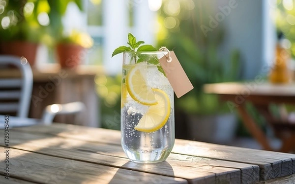 Fototapeta Refreshing gin tonic with lemon and basil on a wooden table outdoors