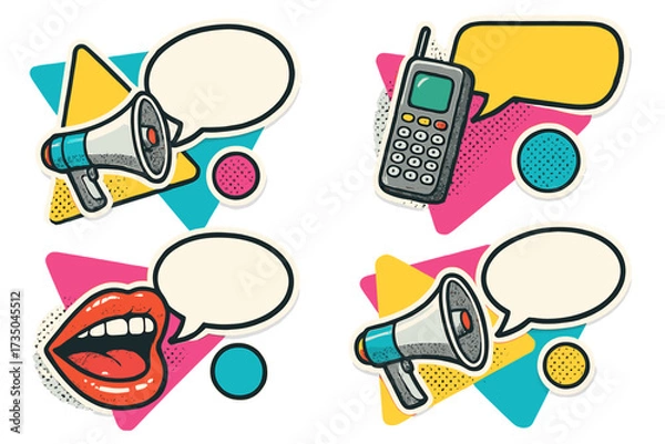 Fototapeta Set of 90s vintage style collage banners. Pop art stickers with megaphone, old cell phone, mouth and blank speech bubbles for message. Retro communication concept halftone.