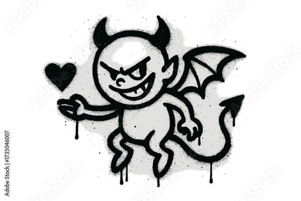 Fototapeta Cute graffiti devil with heart. Naughty winged demon character. Urban street art style. Black spray paint vector illustration with splatters and drips. Isolated design element.