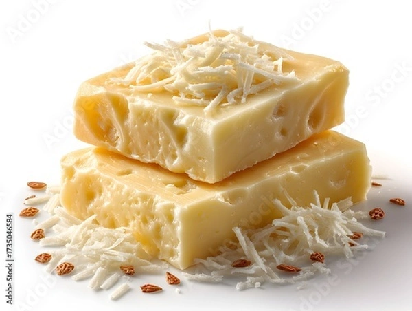 Obraz Two square blocks of cheese are stacked with shredded cheese and seeds around them on a white background.