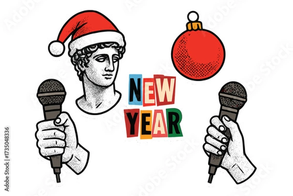 Obraz New Year karaoke party sticker set. Christmas collage elements in zine culture style. Halftone hand with microphone, ancient statue in Santa hat, xmas ball, magazine lettering.