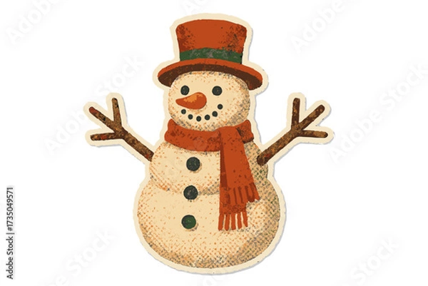 Obraz Vintage cartoon snowman with orange scarf and top hat, torn paper sticker style, naive halftone collage, Christmas winter decoration vector illustration, transparent background