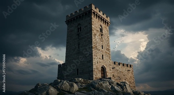 Fototapeta Ancient stone tower stands against a dramatic cloudy sky background