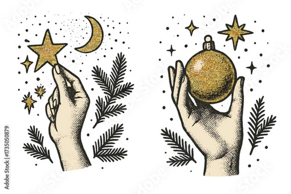 Fototapeta Vintage halftone collage Happy New Year and Merry Christmas card set with glitter elements, trendy halftone hands holding star, moon, and golden ornament, festive seasonal vector illustration