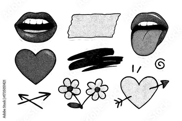 Obraz Trendy collage halftone sticker set. Grunge punk rock zine culture elements. Mouths, lips, torn paper, graffiti stroke, doodle heart with arrow, flower. Y2k retro scrapbook.