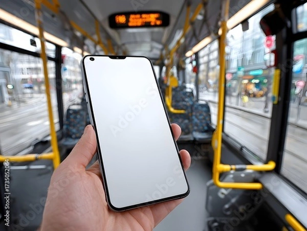 Obraz Hand holds blank smartphone screen inside a public transit bus traveling through the city streetscape.