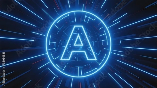 Fototapeta Neon blue letter A in a glowing circular frame with radiating lines on a dark background