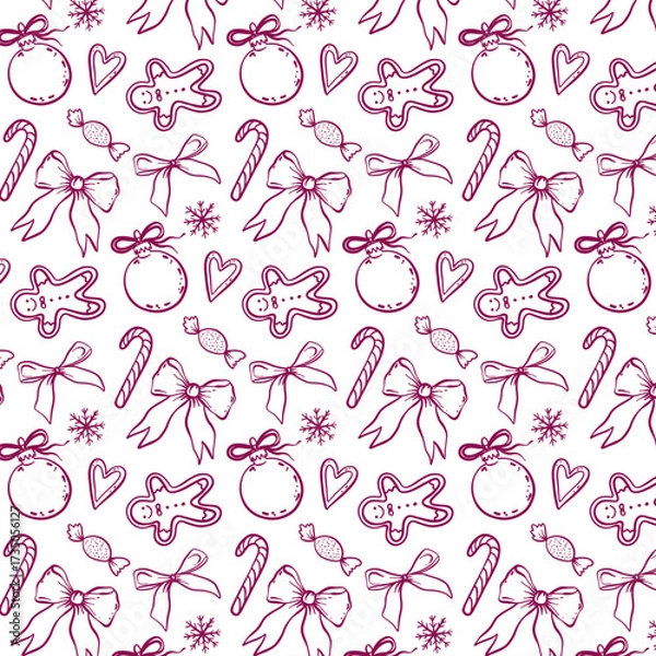 Fototapeta Christmas Line art Seamless Pattern. Xmas Background