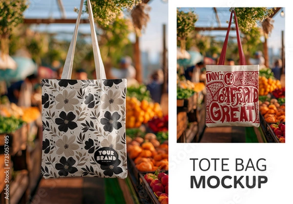 Fototapeta Blank canvas tote bag mockup hanging at a rustic outdoor market stall with a blurred background