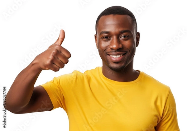 Fototapeta Man in yellow t shirt giving thumbs up isolated on transparent background