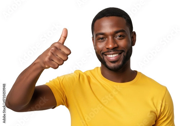 Fototapeta Man in yellow t shirt giving thumbs up isolated on transparent background