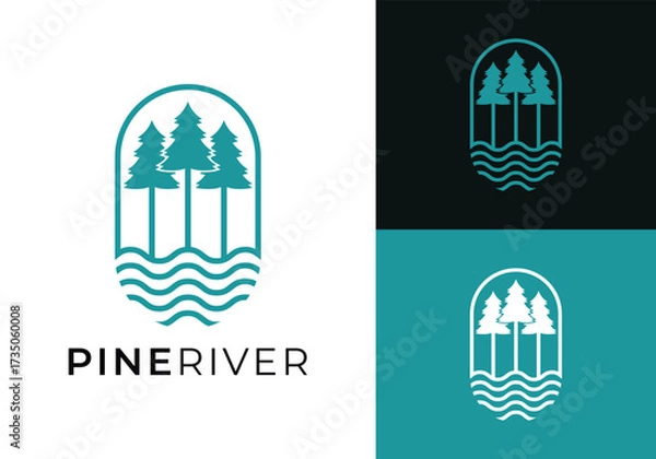 Obraz This is a pine river logo by combining pine trees and a river in a lineart style. This logo is suitable for forestry, rangers, outdoor communities, nature tourism lodges, and the like.