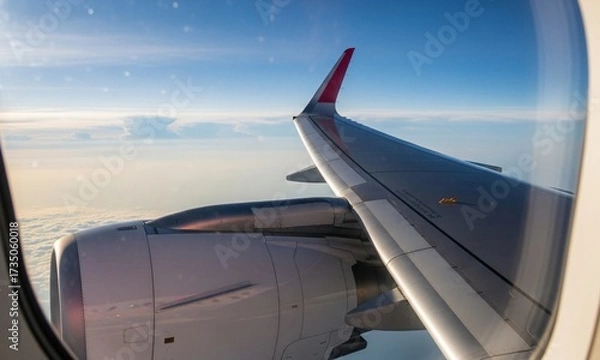 Fototapeta view from airplane window with airplane wing
