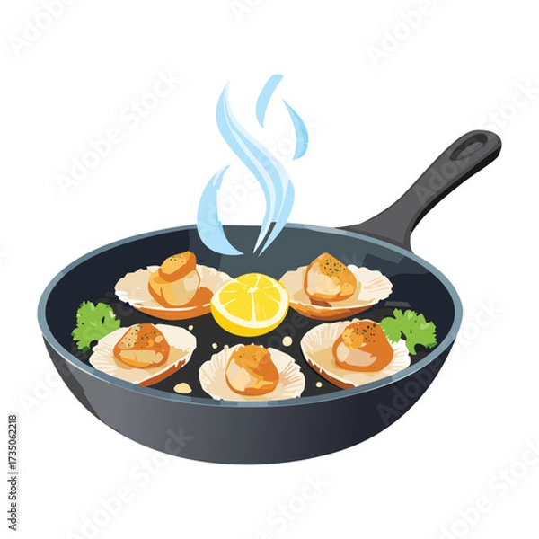 Obraz Classic black cast iron skillet containing fresh scallops with a hint of lemon, cooking over heat with steam visibly rising - Vector Illustration