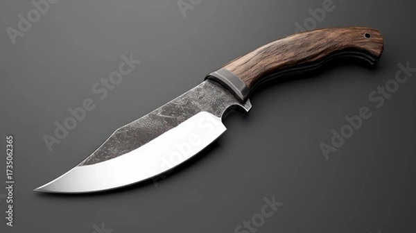 Fototapeta Handcrafted hunting knife with wooden handle displayed on a gray surface