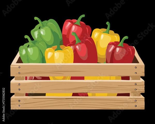 Obraz Rustic wooden crate overflowing with a bountiful harvest of fresh red, yellow, and green bell peppers from the garden - Vector Illustration